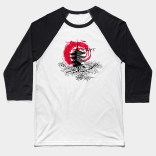 Japanese temple on the background of the red sun. Baseball T-Shirt